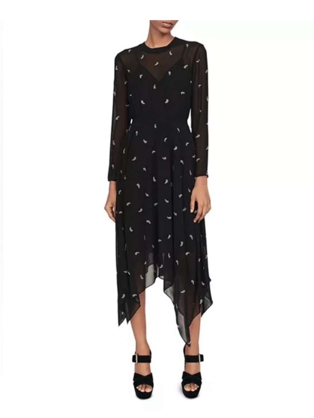 Maje Rabilo Paisley Black Sheer Long-Sleeve Midi Dress with Handkerchief Hem